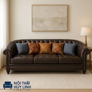 Ghế Sofa Tân Cổ Điển Bọc Da Nâu