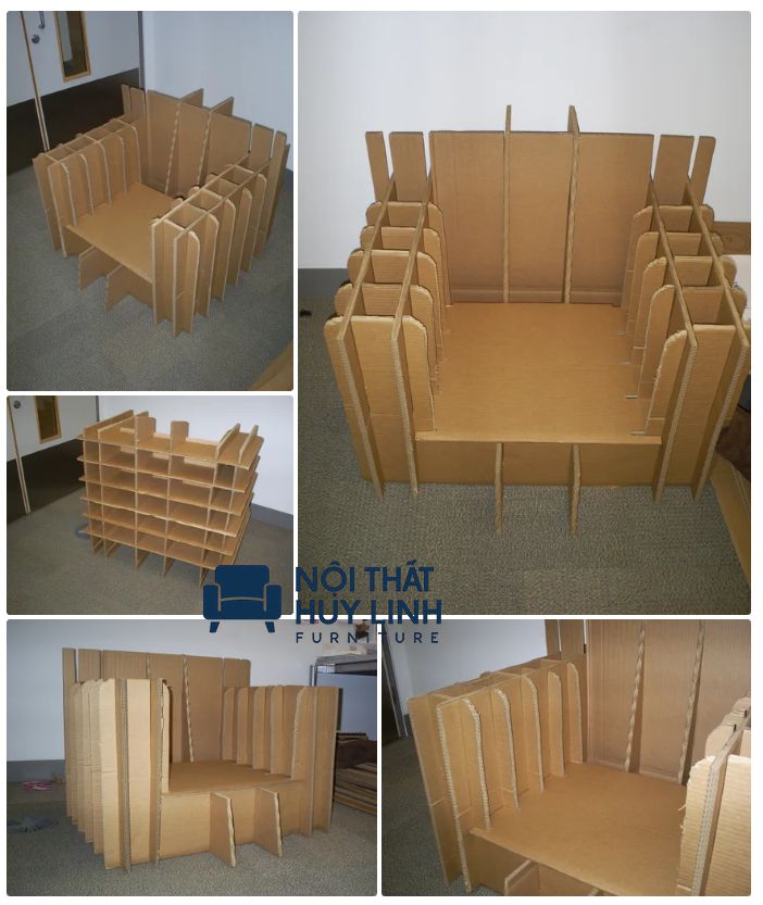Gần hoàn thiện cho mẫu ghế sofa làm từ các tấm bìa cát tông bỏ đi