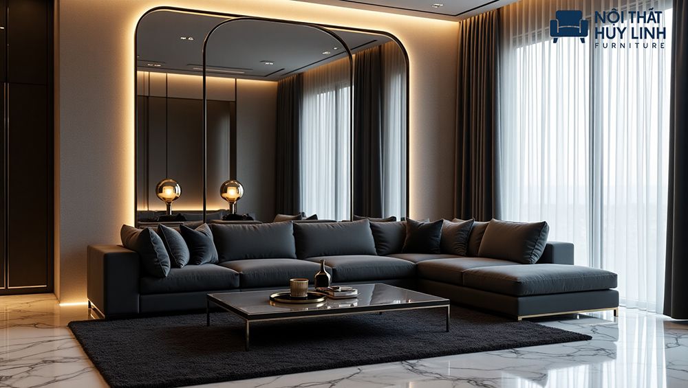 Bố trí sofa góc đặt trên thảm trải sàn mang lại cảm giác thích thú cho người sử dụng