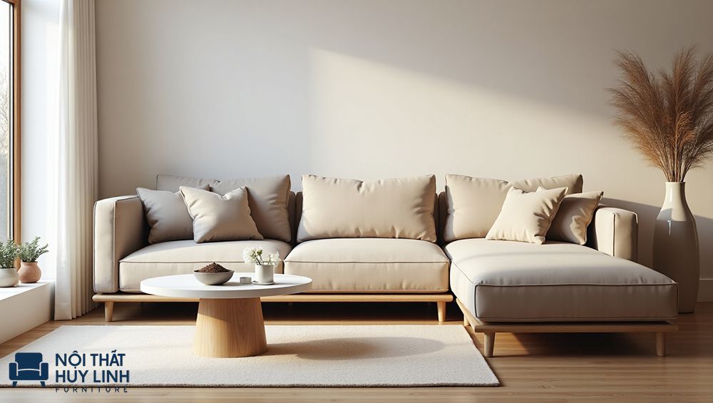 Bố trí sofa góc sát tường cách từ 5-10cm để đảm bảo tránh ẩm, sơn tường dính vào sofa