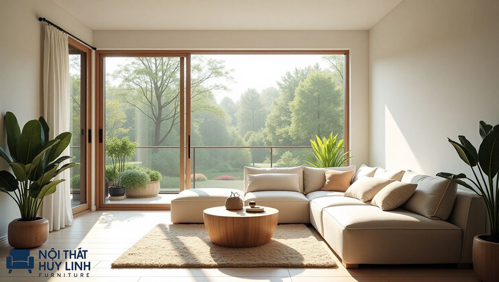 Bài trí sofa góc tại vị trí gần ban công, cửa sổ cũng là 1 gợi ý tuyệt vời