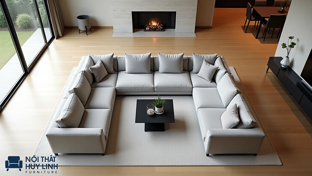 Phòng khách rộng có thể bố trí sofa góc tại trung tâm phòng tạo điểm nhấn và mang lại sự ấm áp.