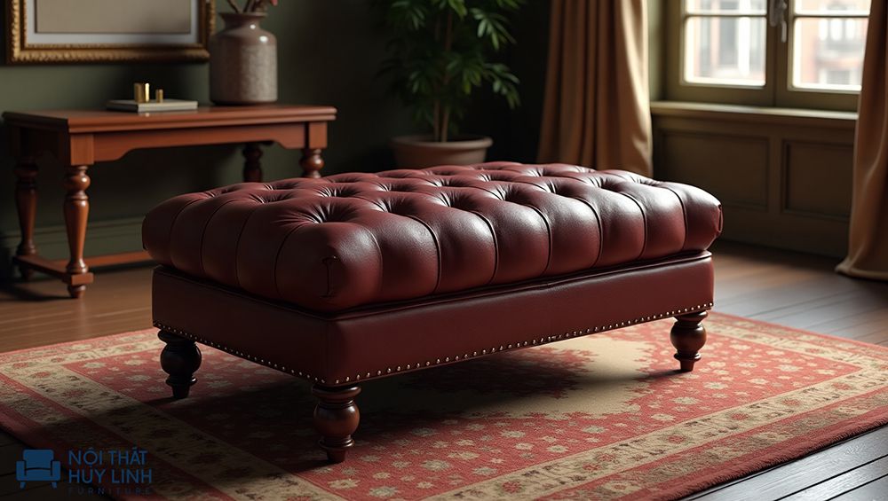 Đôn ghế sofa dài tân cổ điển sử dụng da công nghiệp bọc simili