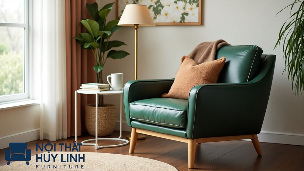 Sofa đơn bọc da công nghiệp microfiber đẹp tinh tế khung gỗ sồi