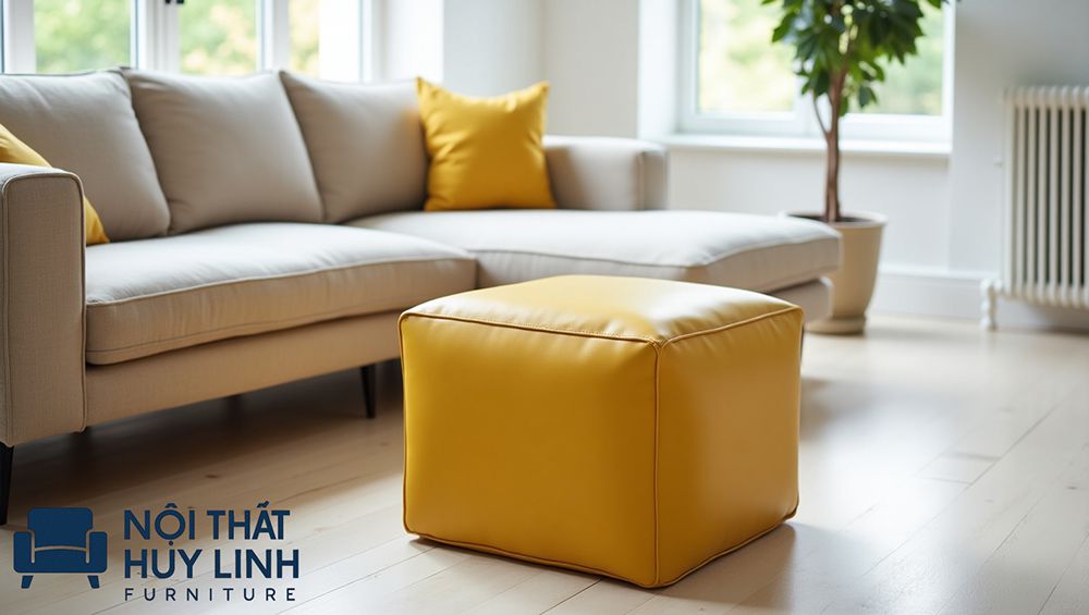 Đôn vuông sofa bọc da microfiber công nghiệp màu vàng chanh