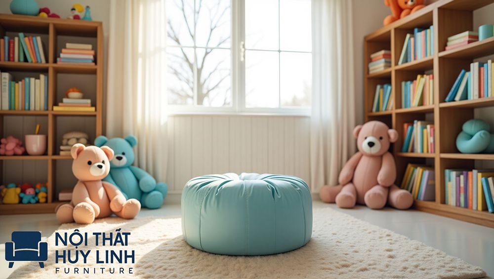 Đôn sofa tròn bọc da công nghiệp microfiber màu xanh ngọc