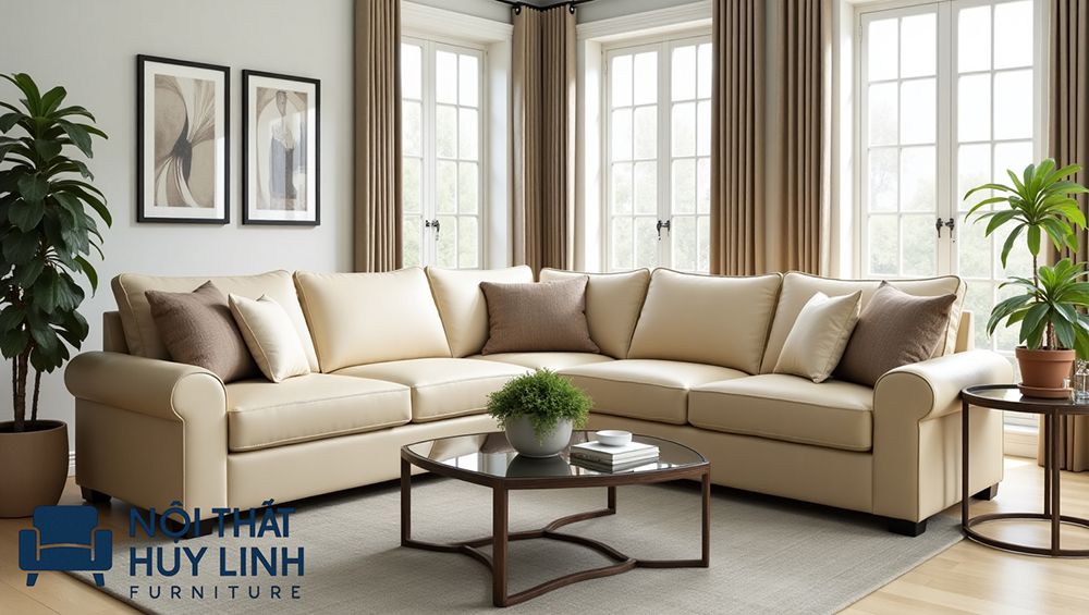 Sofa góc màu kem sử dụng chất da microfiber đẹp chất lượng