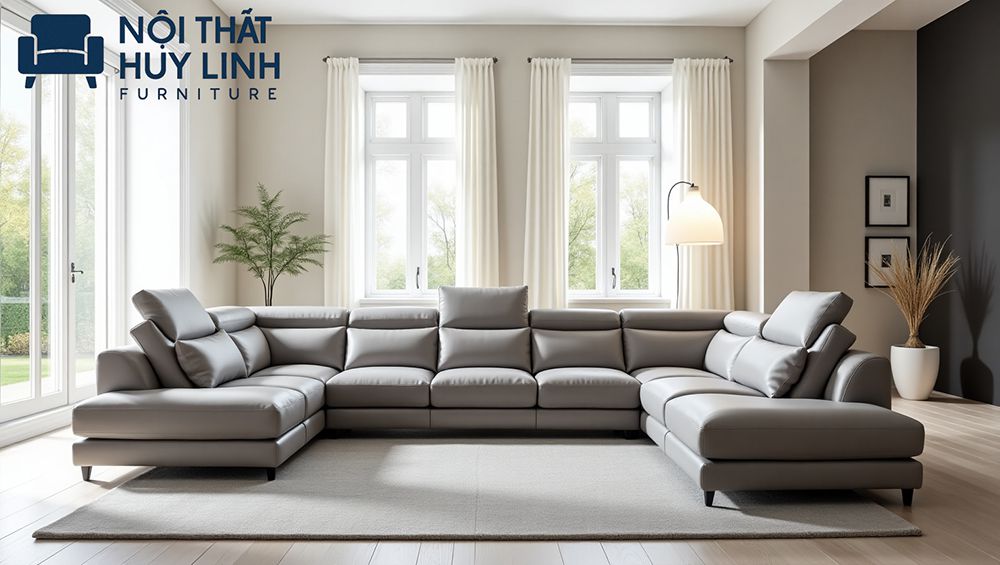 Sofa góc lớn với tựa lưng gật gù đặt trong phòng khách rộng dùng da microfiber