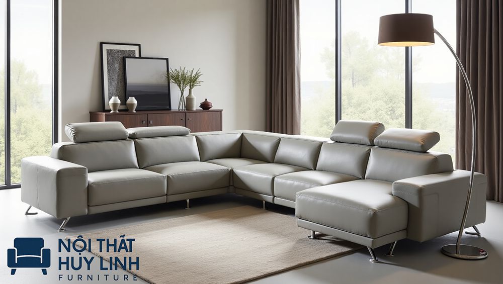 Sofa góc lớn với tựa lưng gật gù đặt trong phòng khách rộng dùng da microfiber