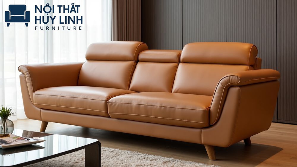 Sofa cỡ nhỏ tựa lưng gật gù màu nâu vàng bò sử dụng chất da microfiber công nghiệp