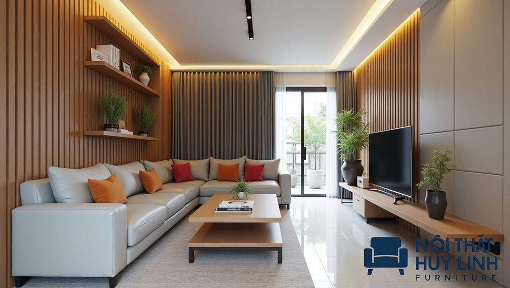 Các phòng khách lớn, phòng khách nhà ống sử dụng ghế sofa văng dài hoặc sofa góc bọc da công nghiệp microfiber