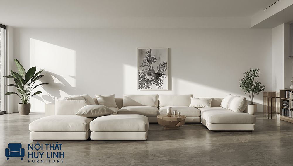 Bộ ghế sofa da microfiber chữ U phòng khách lớn