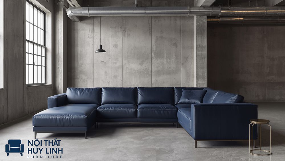 Bộ ghế sofa da microfiber chữ U phòng khách lớn màu tím than