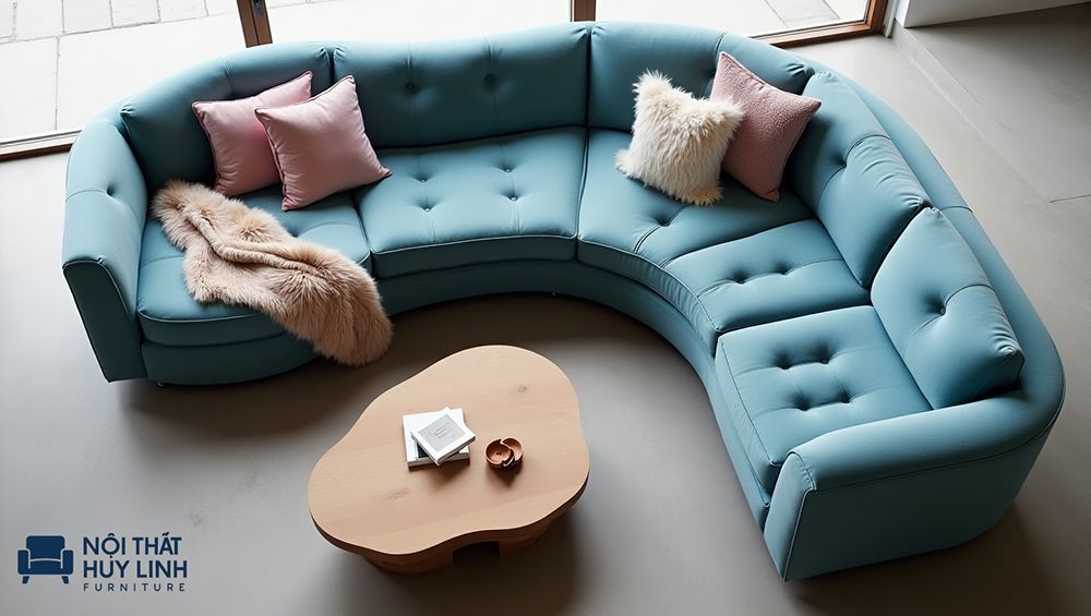 Các hình dáng đặc biệt của phòng khách có thể sử dụng các mẫu ghế sofa góc tròn như hình minh họa