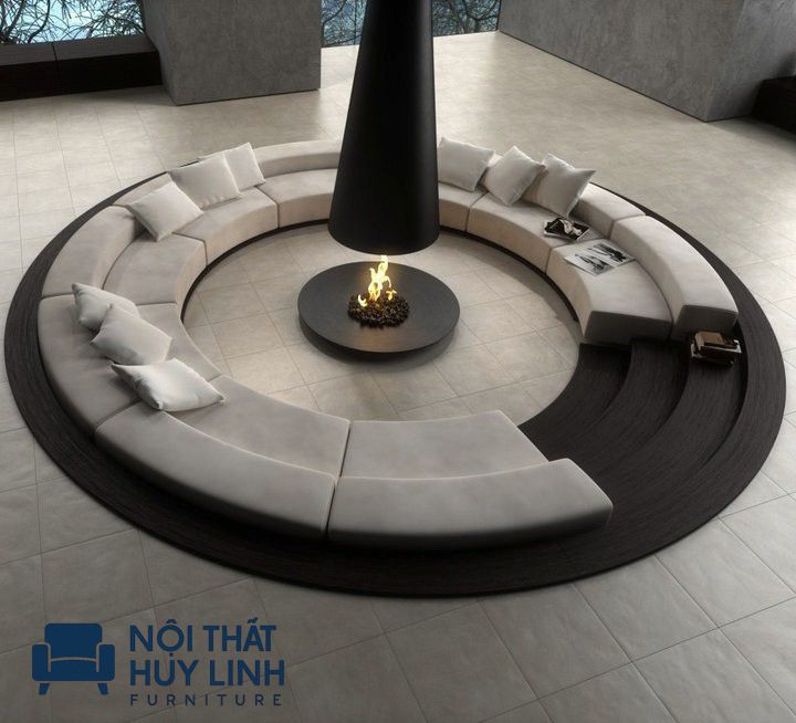 Ghế sofa góc bo tròn đẹp mắt được đặt âm sàn với thiết kế đơn giản