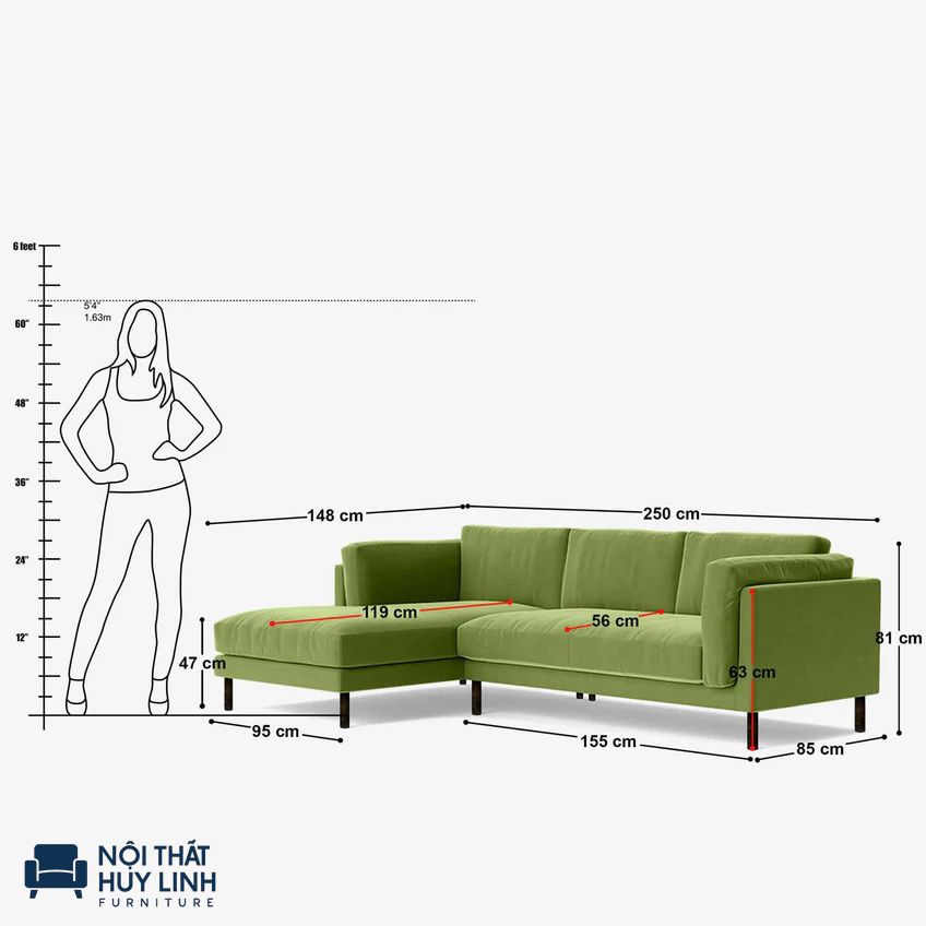Kích thước sofa góc chữ L size trung bình và so sánh với chiều cao người sử dụng.