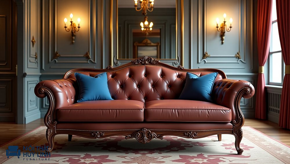 Sofa tân cổ điển bọc da công nghiệp simili
