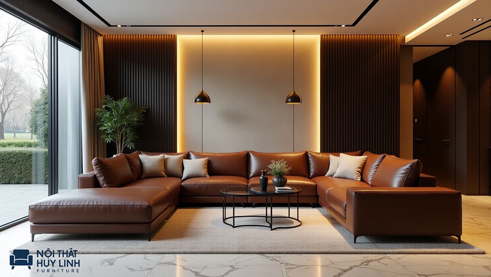 Sofa kiểu chữ U cho phòng khách rộng rãi bọc da đẳng cấp tinh tế