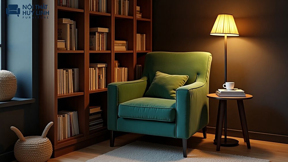 Ghế Armchair được đặt trong phòng đọc sách tiện dụng.