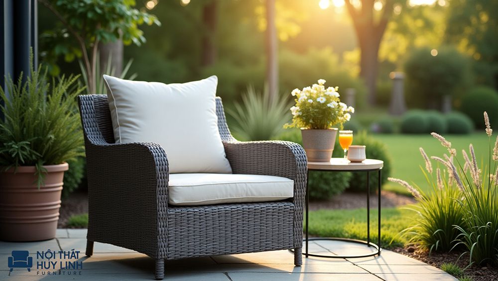 Mẫu ghế sofa bành, armchair mây tre nhựa kèm đệm và tựa