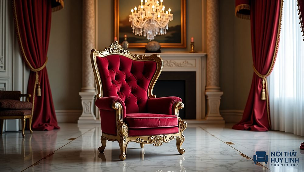Mẫu ghế bành phong cách hoàng gia quý tộc được mạ vàng với nhiều chi tiết thẩm mỹ đẹp mắt